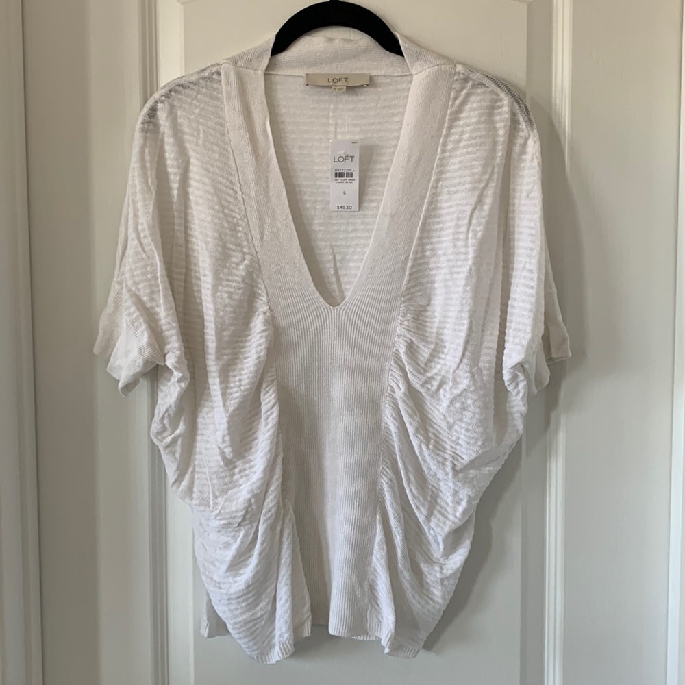 NWT LOFT White Deep V-Neck Dolman Short Sleeve Linen Blend Sheer Knit Top Size S